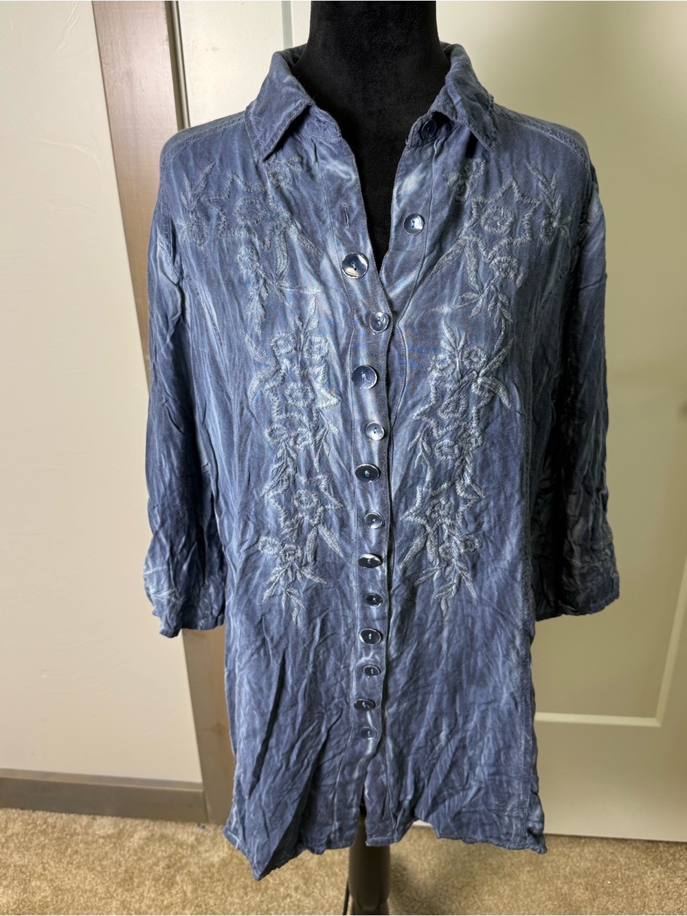 Parsley & Sage Blue Button Down Embroidered Boho Tunic Top Boho India Artsy 1X